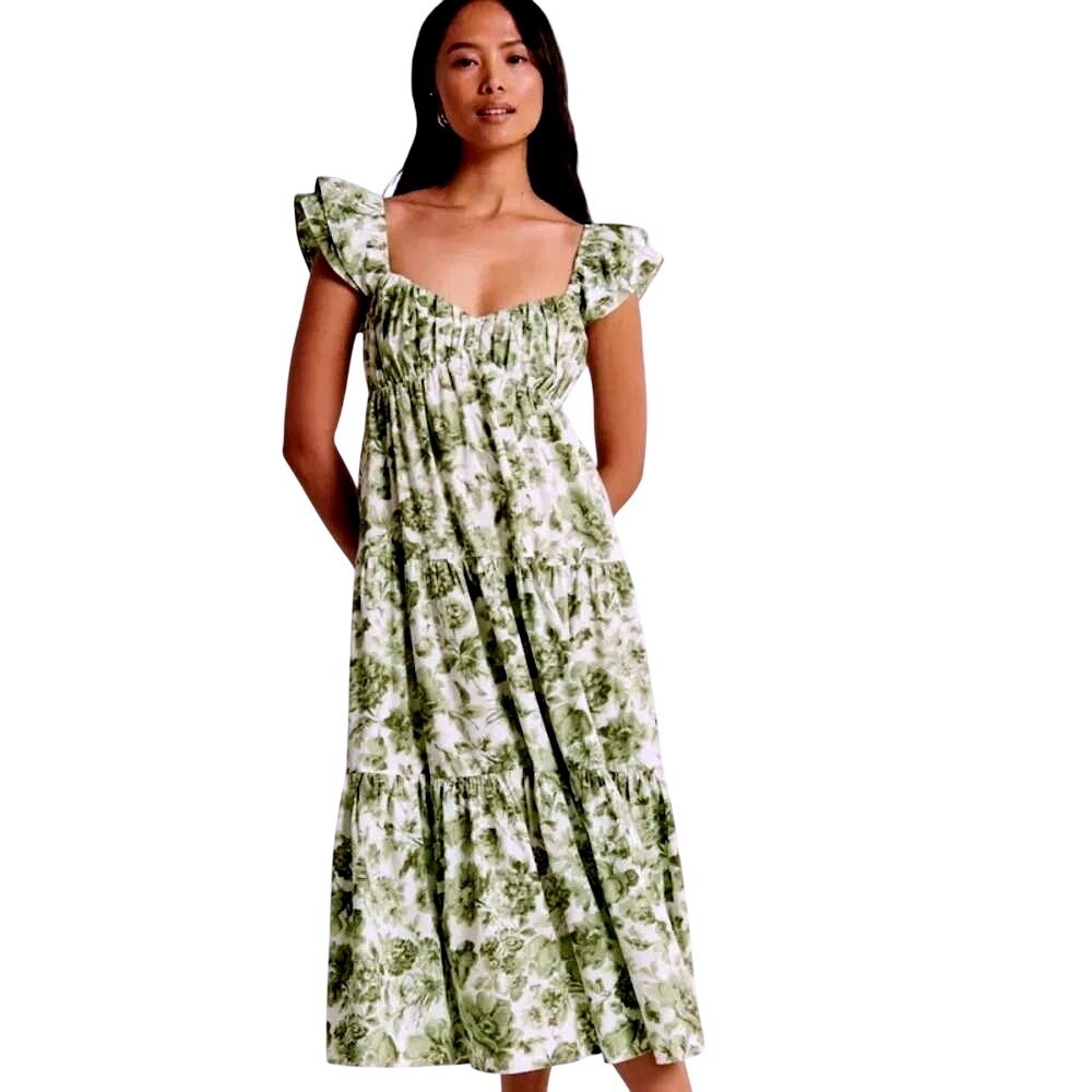 Abercrombie & FitchGreen Floral Ruffle Strap Smocked Midi Dress Small  Botanic